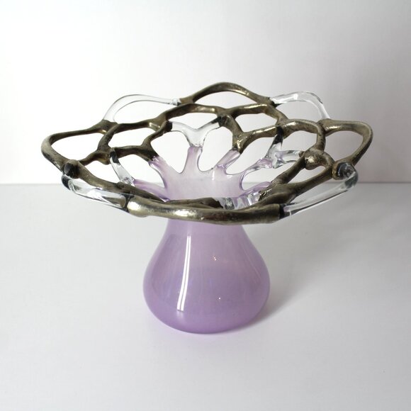 M Duca Hand Blown Mid-Century Glass Lattice Web Vase Gold Lavender Signed - Picture 4 of 16